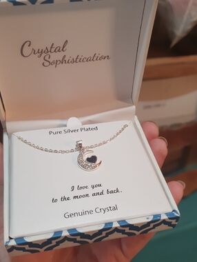 Silver Plated Moon & Heart Necklace - Blue Accent